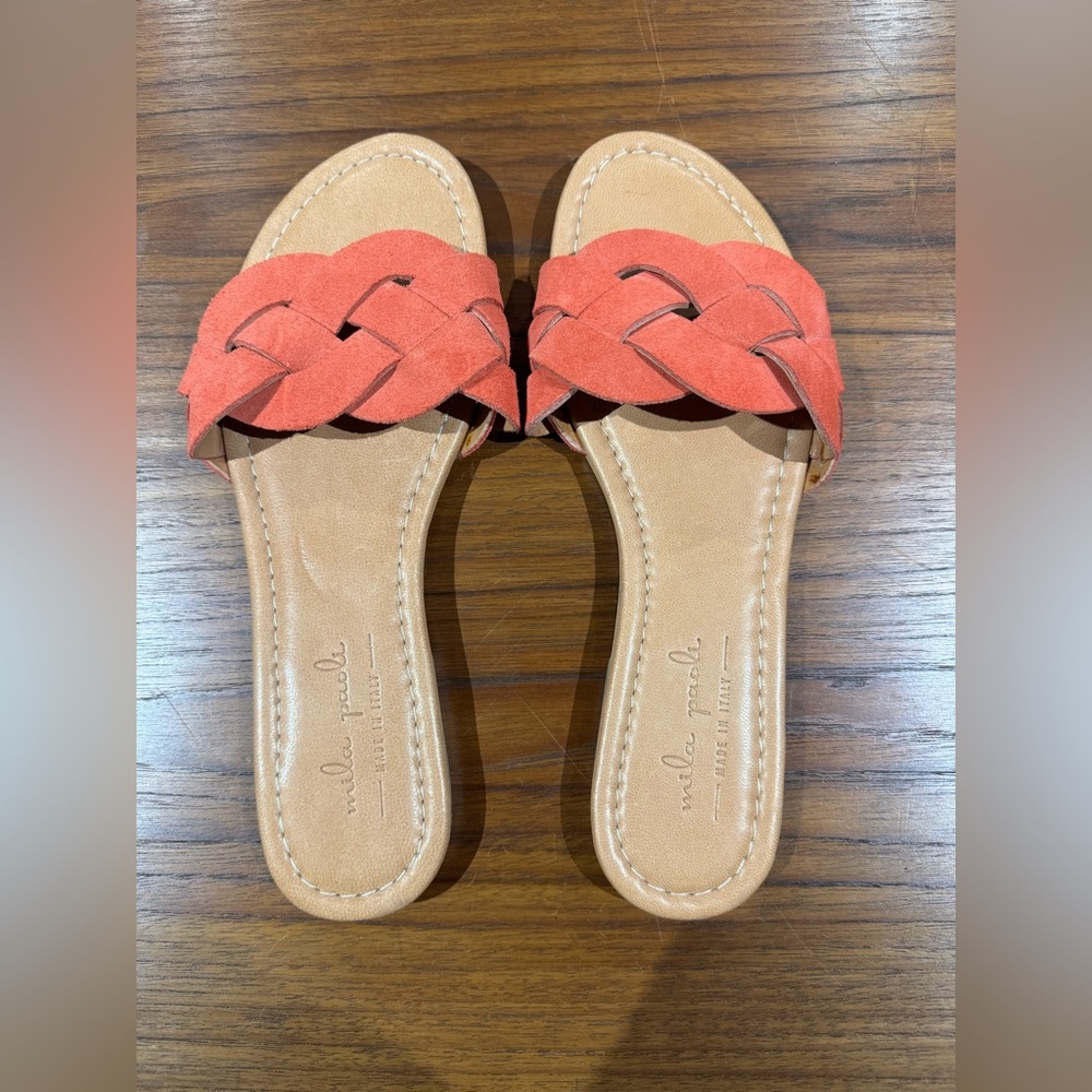 Mila Paoli Coral Pink Orange Leather Braided Sandals‎ Size 7.5 Made in Italy